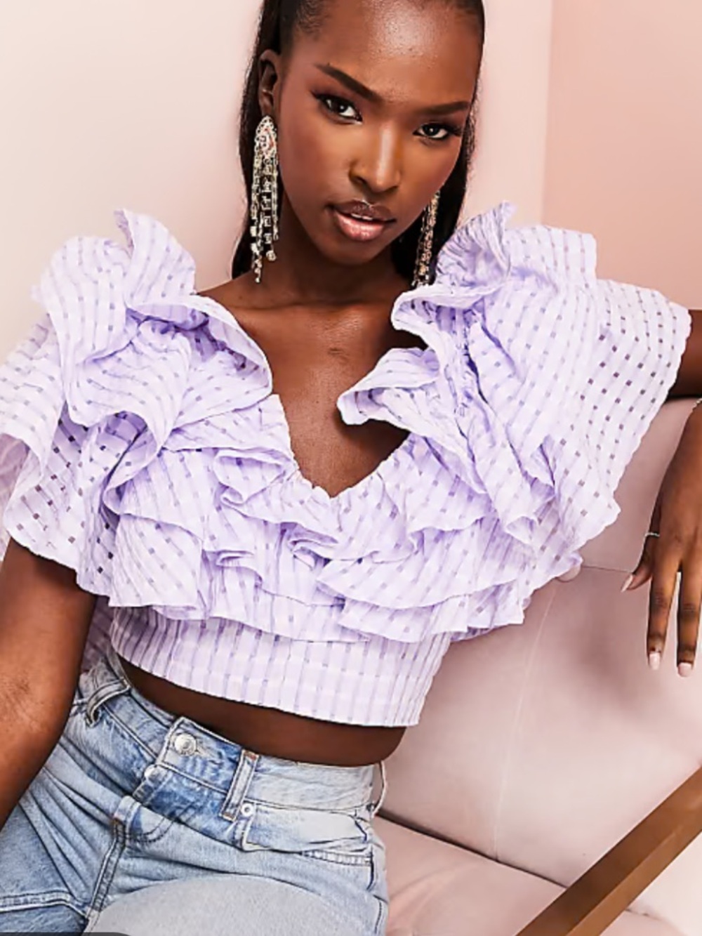 Klesis Dramatic Ruffle Off-Shoulder Crop Top - Picture 2 of 6